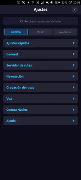 Ajustes — nivel mínimo